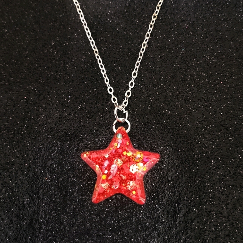 Red glitter dainty star pendant on 17 inch silver necklace 4th of July Jewelry